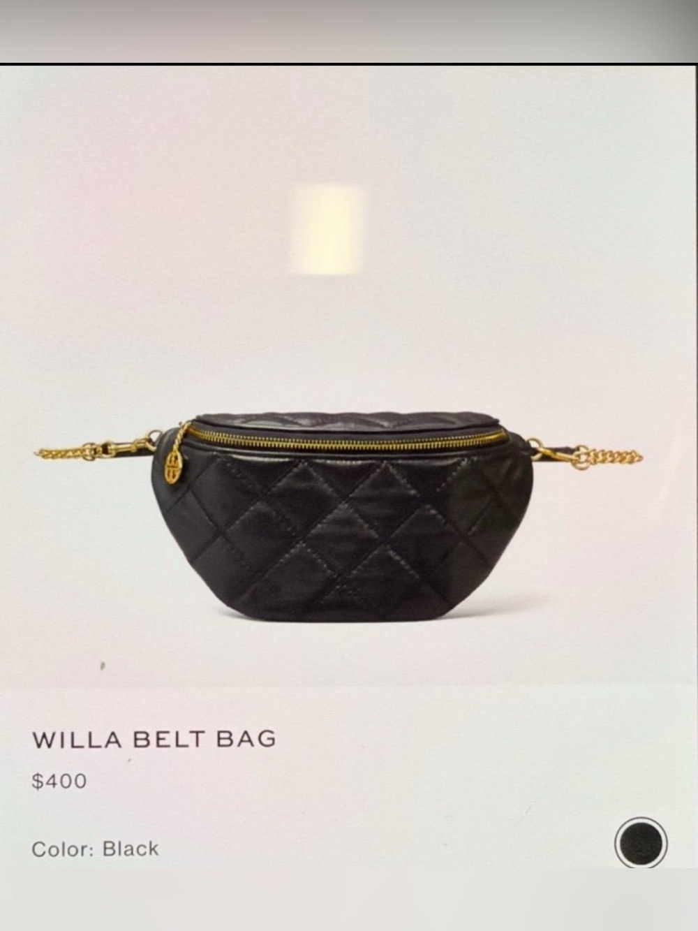 Tory Burch Black Quilted Willa Belt Bag with Gold Hardware